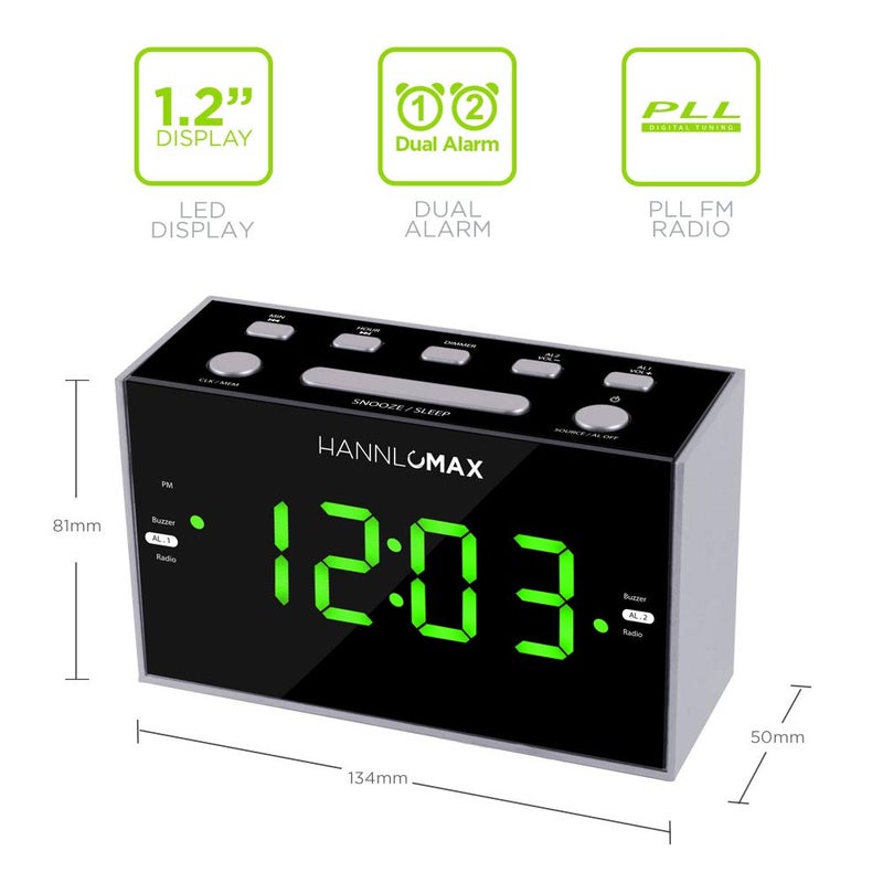 HANNLOMAX ساعة منبه راديو HANNLOMAX HX-122CR، راديو PLL FM، منبه مزدوج، شاشة LED خضراء بحجم 1.2 بوصة، منفذ USB لشحن 1A، تعمل بالطاقة الكهربائية فقط. - Image 4
